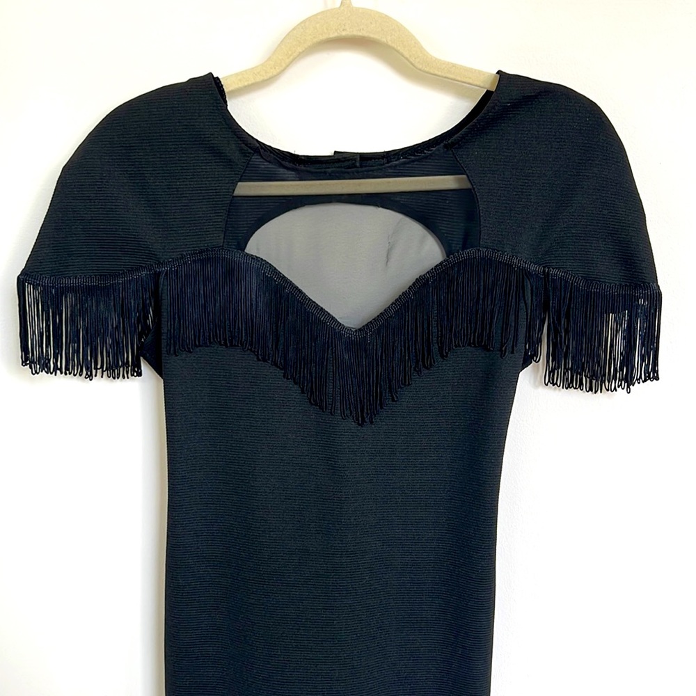 1980s flapper shoulder pad fringed cocktail dress